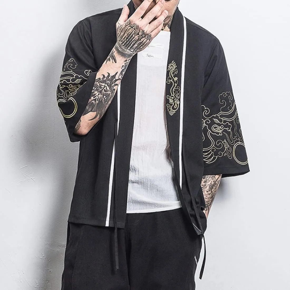 HZCX FASHION Men Shirts Black White Hanfu Lightweight Cardigan Beach Kimono Robe