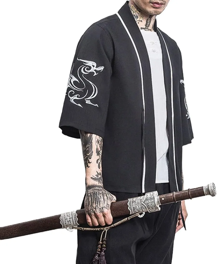 HZCX FASHION Men Shirts Black White Hanfu Lightweight Cardigan Beach Kimono Robe