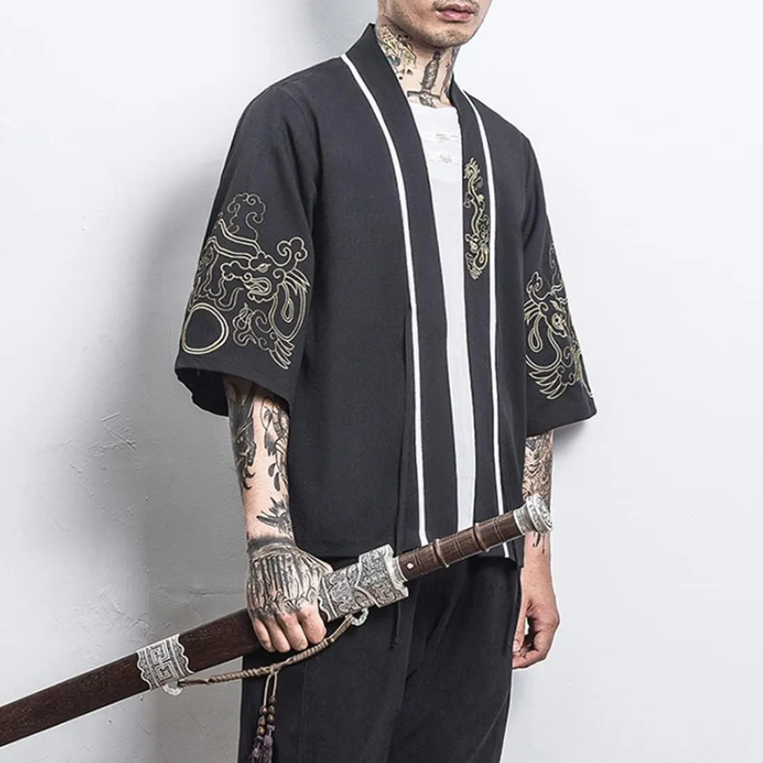 HZCX FASHION Men Shirts Black White Hanfu Lightweight Cardigan Beach Kimono Robe