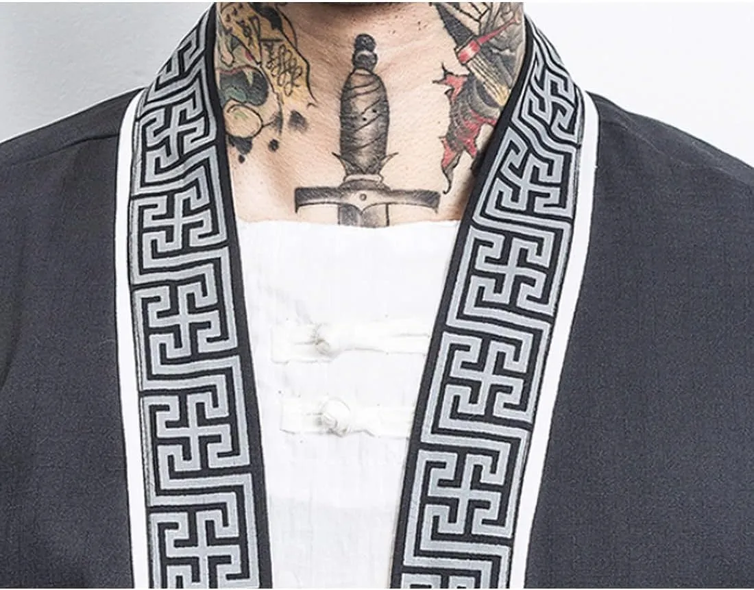HZCX FASHION Men Shirts Black White Hanfu Lightweight Cardigan Beach Kimono Robe