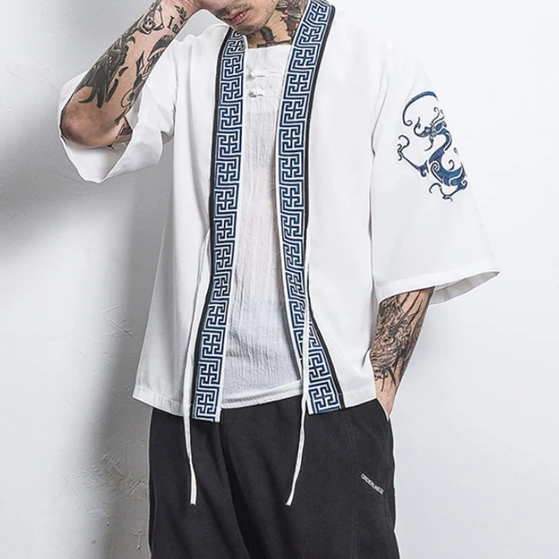 HZCX FASHION Men Shirts Black White Hanfu Lightweight Cardigan Beach Kimono Robe