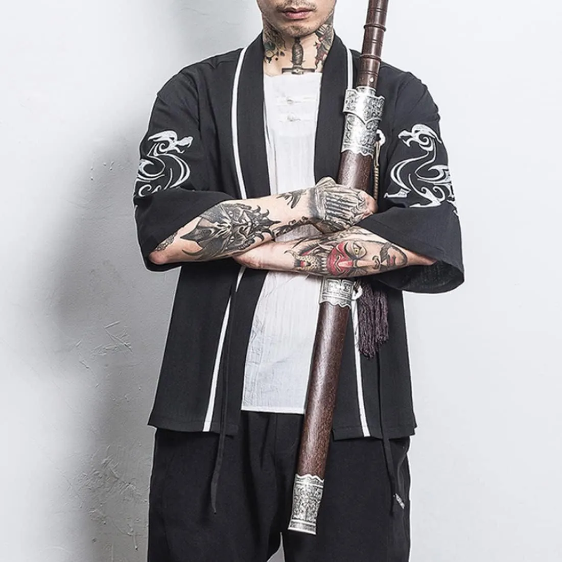 HZCX FASHION Men Shirts Black White Hanfu Lightweight Cardigan Beach Kimono Robe