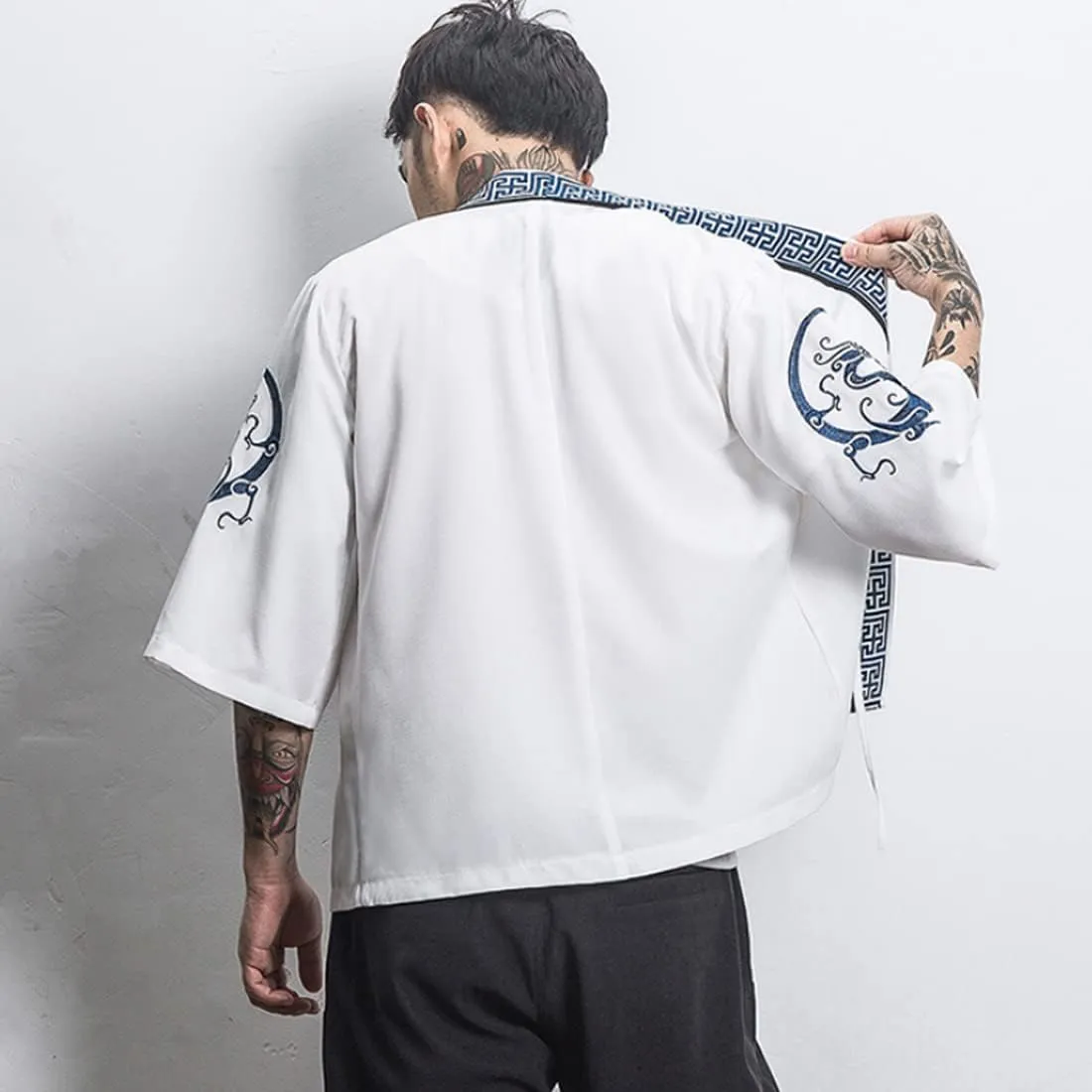 HZCX FASHION Men Shirts Black White Hanfu Lightweight Cardigan Beach Kimono Robe