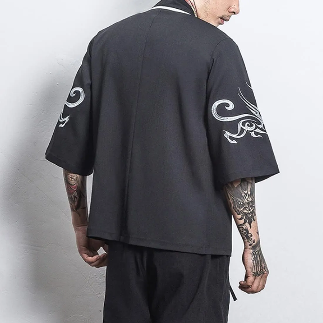 HZCX FASHION Men Shirts Black White Hanfu Lightweight Cardigan Beach Kimono Robe