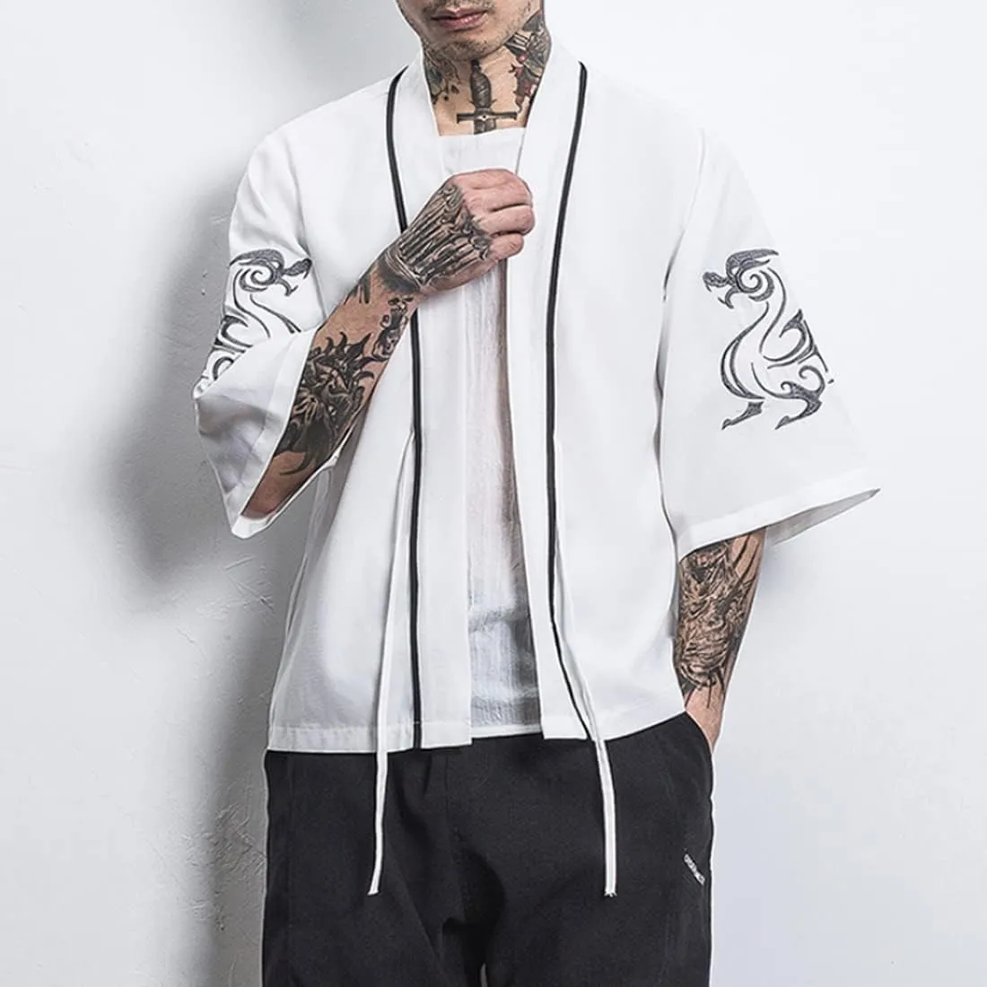 HZCX FASHION Men Shirts Black White Hanfu Lightweight Cardigan Beach Kimono Robe
