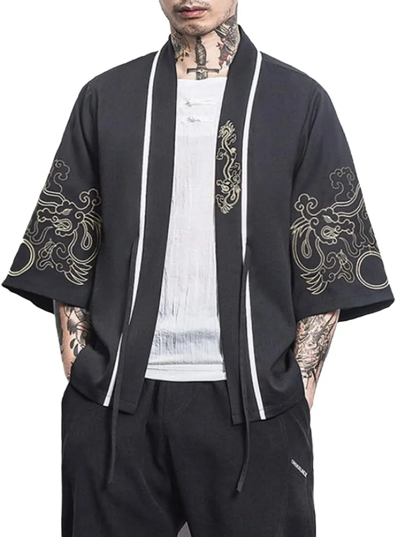 HZCX FASHION Men Shirts Black White Hanfu Lightweight Cardigan Beach Kimono Robe