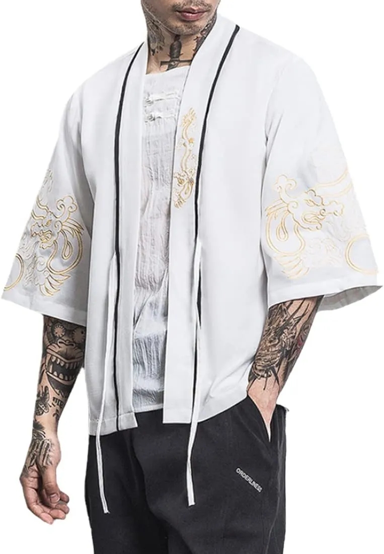 HZCX FASHION Men Shirts Black White Hanfu Lightweight Cardigan Beach Kimono Robe