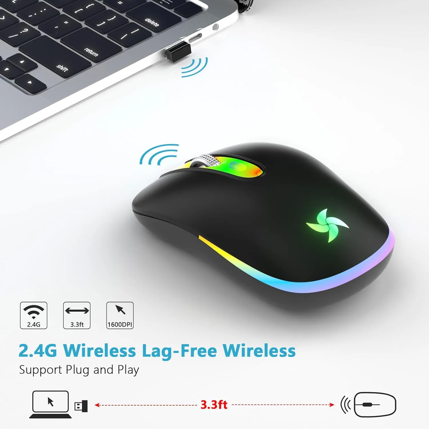 HZD LED Wireless Mouse, Slim Silent Rechargeable Mouse, 2.4G Portable USB Optical Mouse with Type C Adapter, 3 Adjustable DPI Levels 1600/1200/800 for Laptop/Tablet/Computer
