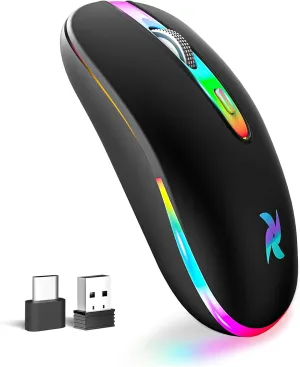 HZD LED Wireless Mouse, Slim Silent Rechargeable Mouse, 2.4G Portable USB Optical Mouse with Type C Adapter, 3 Adjustable DPI Levels 1600/1200/800 for Laptop/Tablet/Computer