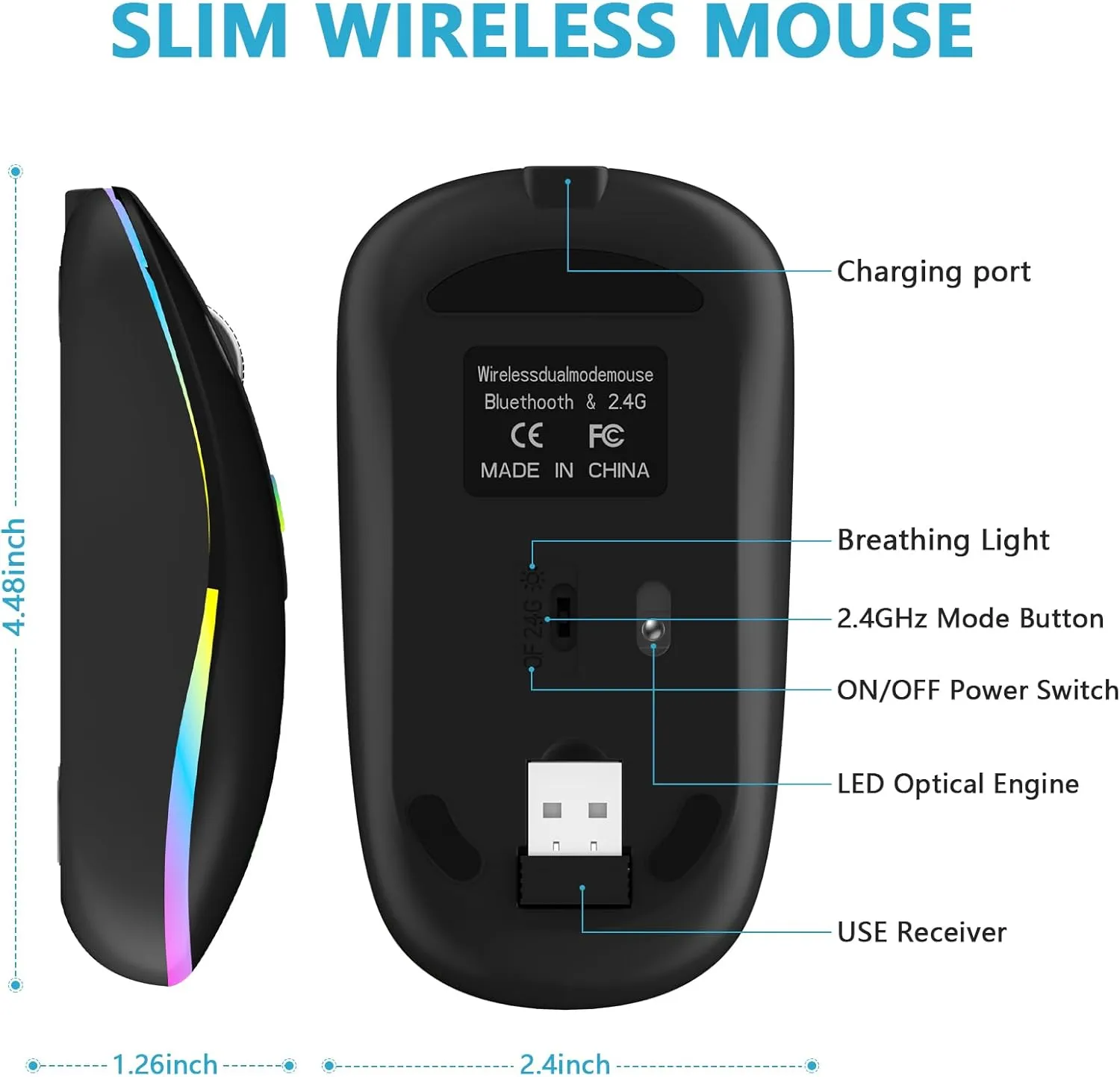HZD LED Wireless Mouse, Slim Silent Rechargeable Mouse, 2.4G Portable USB Optical Mouse with Type C Adapter, 3 Adjustable DPI Levels 1600/1200/800 for Laptop/Tablet/Computer