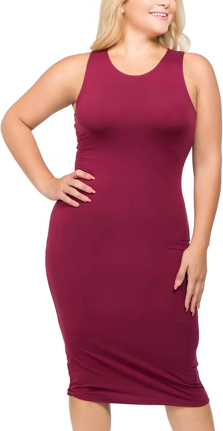 ICONOFLASH Women's Crew Neck Bodycon Midi Dress - Sleeveless Fitted Tank Dress with Plus Size Options