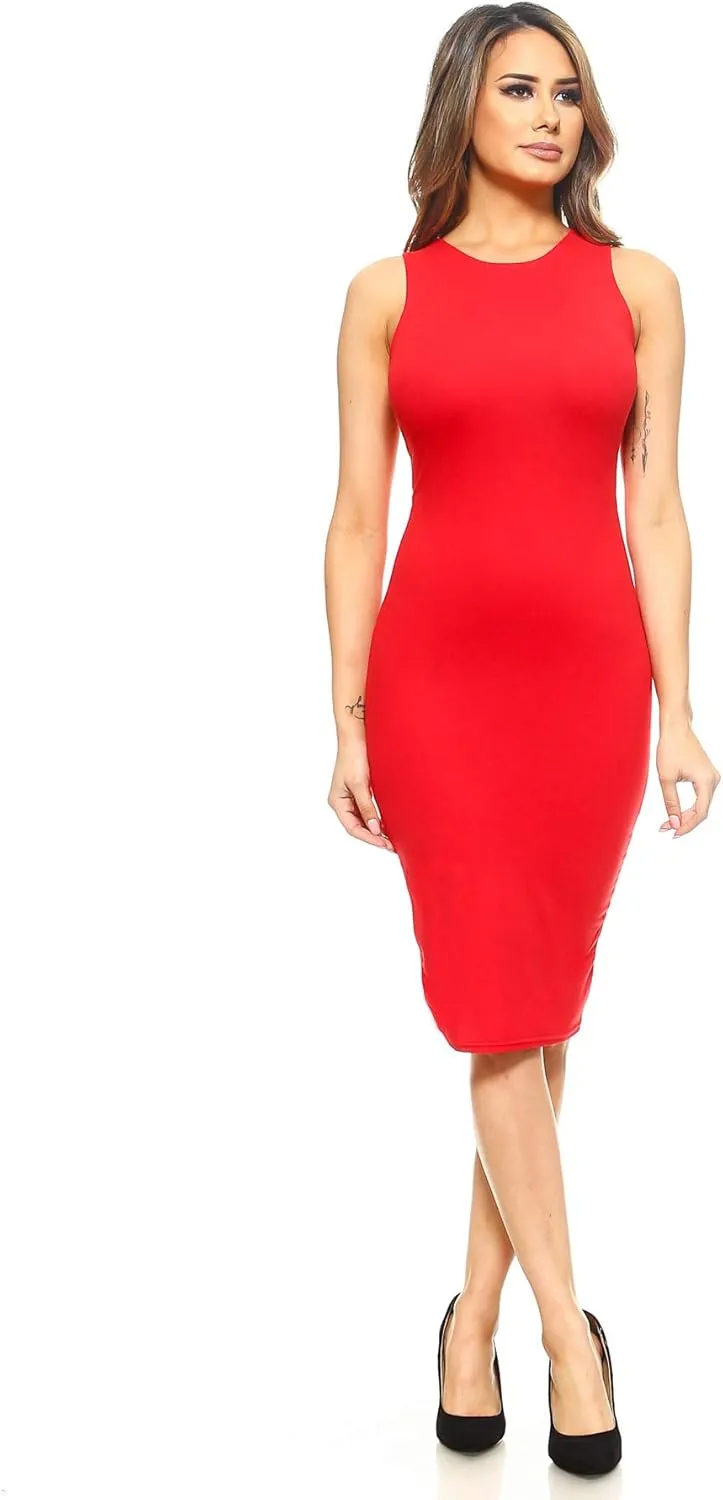 ICONOFLASH Women's Crew Neck Bodycon Midi Dress - Sleeveless Fitted Tank Dress with Plus Size Options