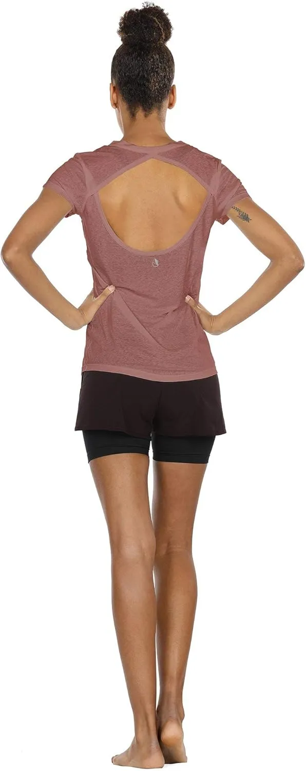 icyzone Open Back Workout T-Shirts for Women - Running Gym Shirts Yoga Tops Exercise Short Sleeves