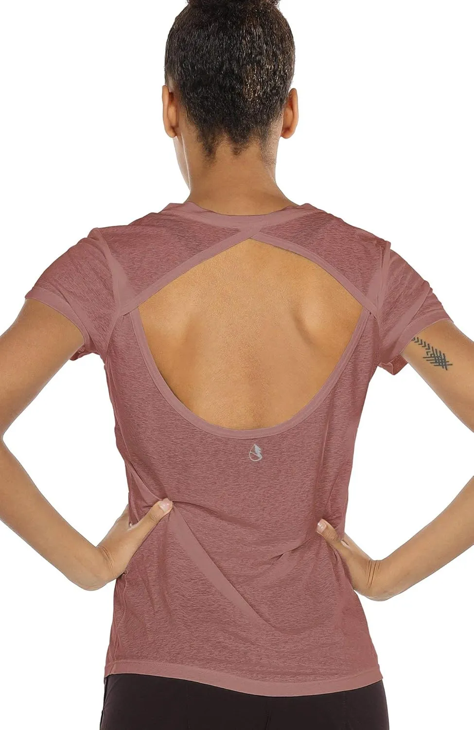 icyzone Open Back Workout T-Shirts for Women - Running Gym Shirts Yoga Tops Exercise Short Sleeves