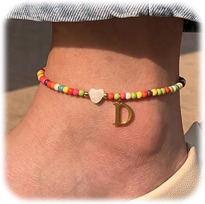 Initial Anklets for Women Colorful Beads Ankle Bracelets for Women Teen Girls Handmade Gold Plated Letter Anklet Bohemian Initial Anklets Summer Beach Foot Jewelry Gift