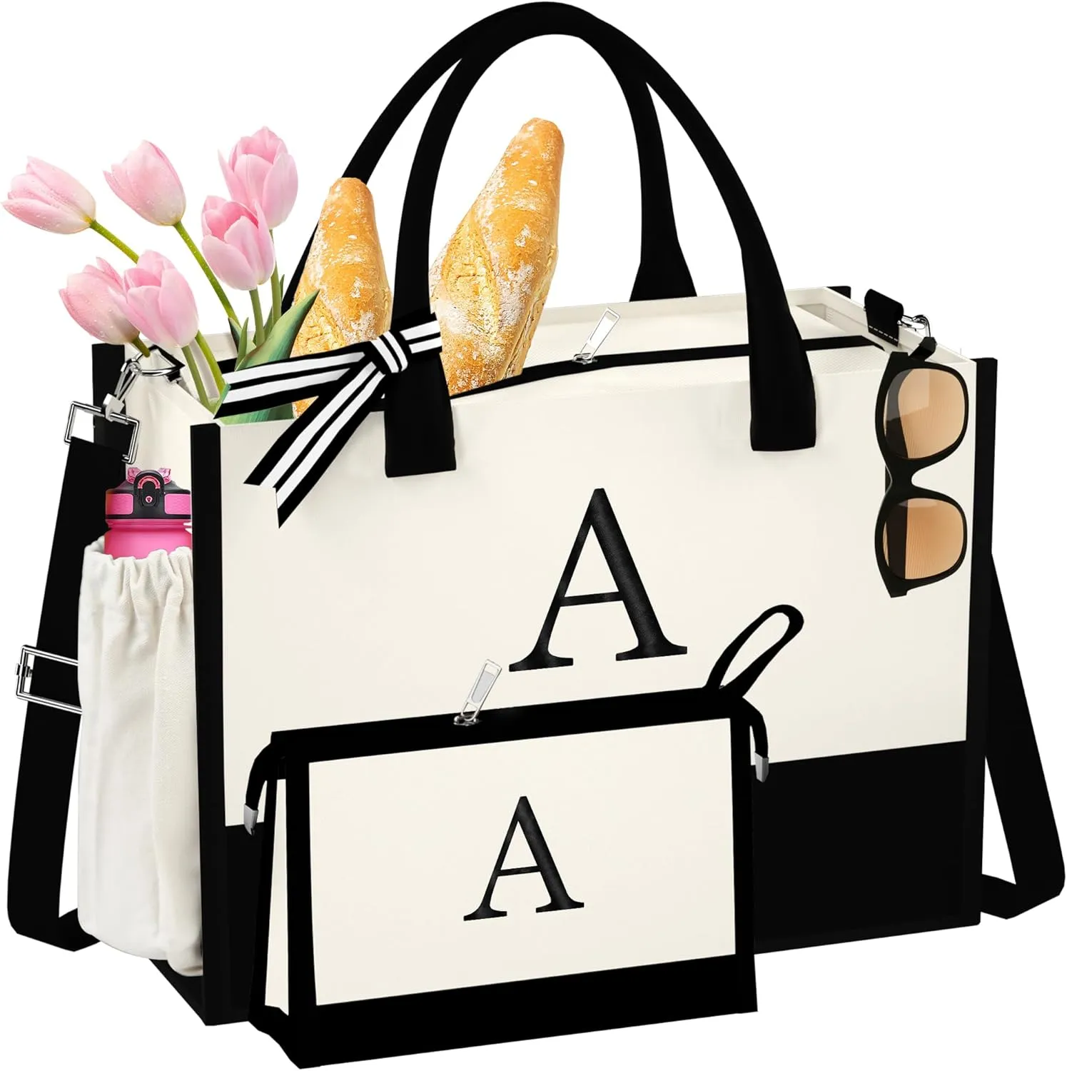Initial Canvas Tote Bag - Reusable Grocery Bags, Birthday Gifts Basket for Bridemaids Friends Teachers