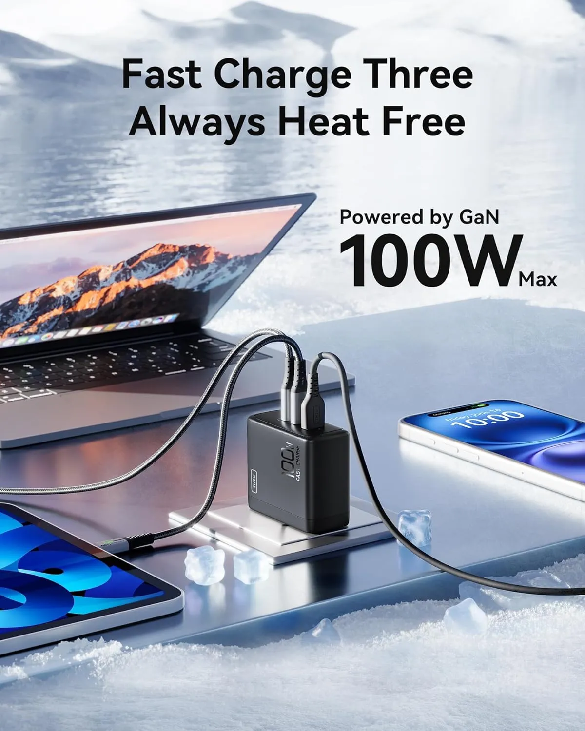 INIU 100W USB C Charger, 3-Port Fast Compact Foldable GaN Charger Block for MacBook Pro/Air, Pixelbook, ThinkPad, Dell XPS, iPad Pro, iPhone 16/15 Series, Galaxy S24 /S23, and More