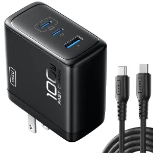 INIU 100W USB C Charger, 3-Port Fast Compact Foldable GaN Charger Block for MacBook Pro/Air, Pixelbook, ThinkPad, Dell XPS, iPad Pro, iPhone 16/15 Series, Galaxy S24 /S23, and More