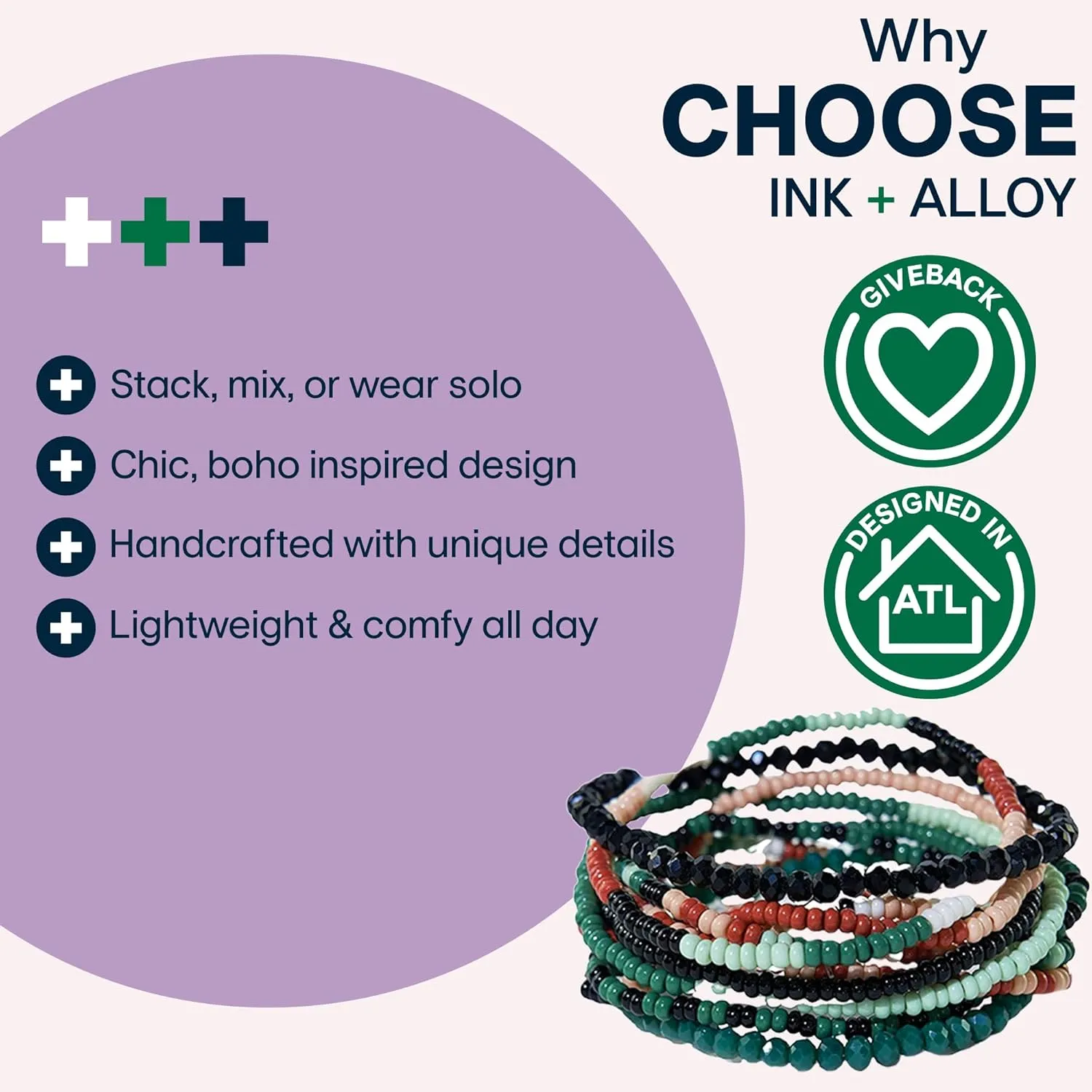 INK   ALLOY 10-Strand Stacking Beaded Bracelets for Women  Mixed Patterns Bracelet Stack - Adjustable Stretch Fit - Handmade Boho Bracelets for Women - Perfect for Any Occasion