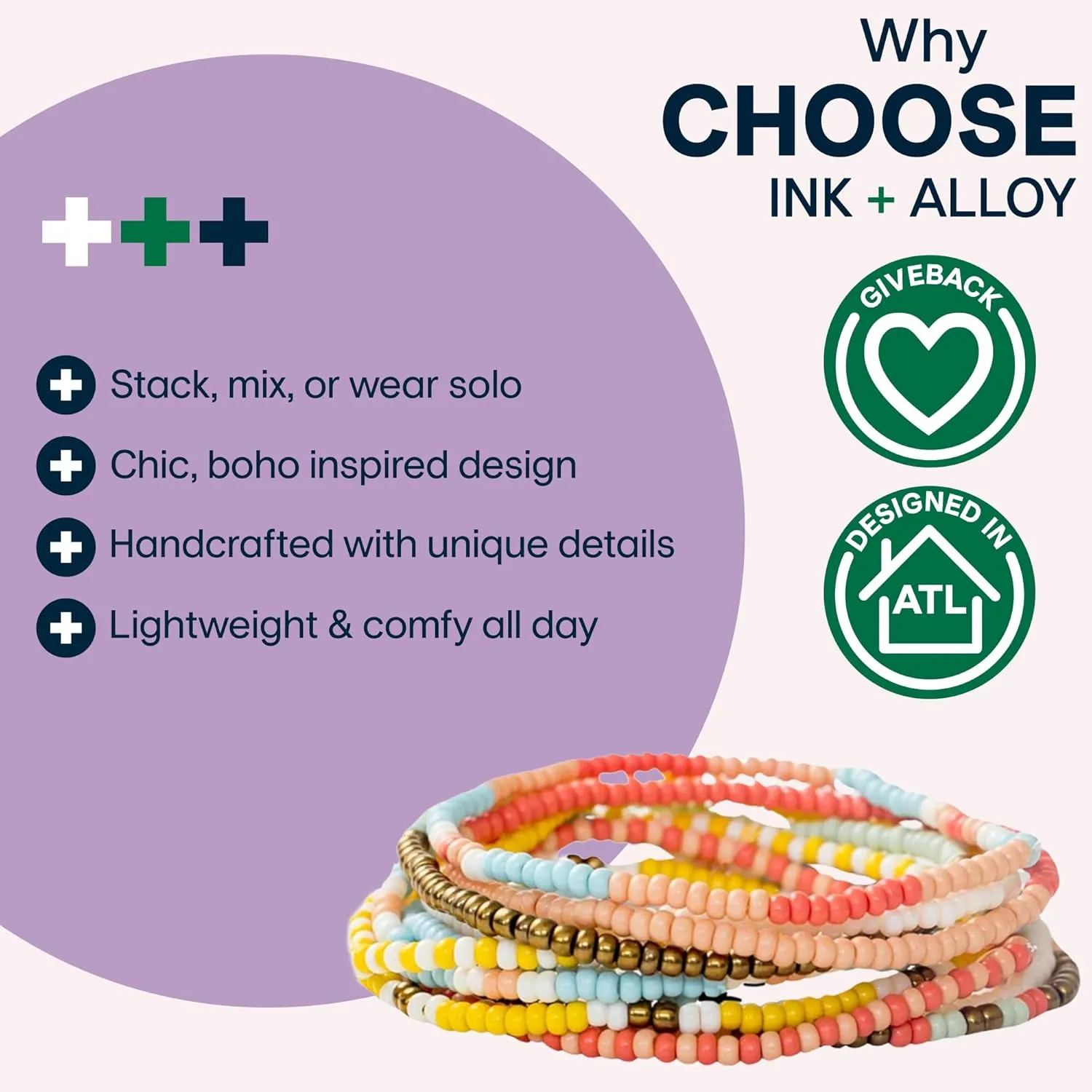 INK   ALLOY 10-Strand Stacking Beaded Bracelets for Women  Mixed Patterns Bracelet Stack - Adjustable Stretch Fit - Handmade Boho Bracelets for Women - Perfect for Any Occasion