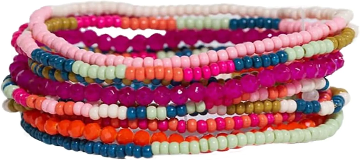 INK   ALLOY 10-Strand Stacking Beaded Bracelets for Women  Mixed Patterns Bracelet Stack - Adjustable Stretch Fit - Handmade Boho Bracelets for Women - Perfect for Any Occasion