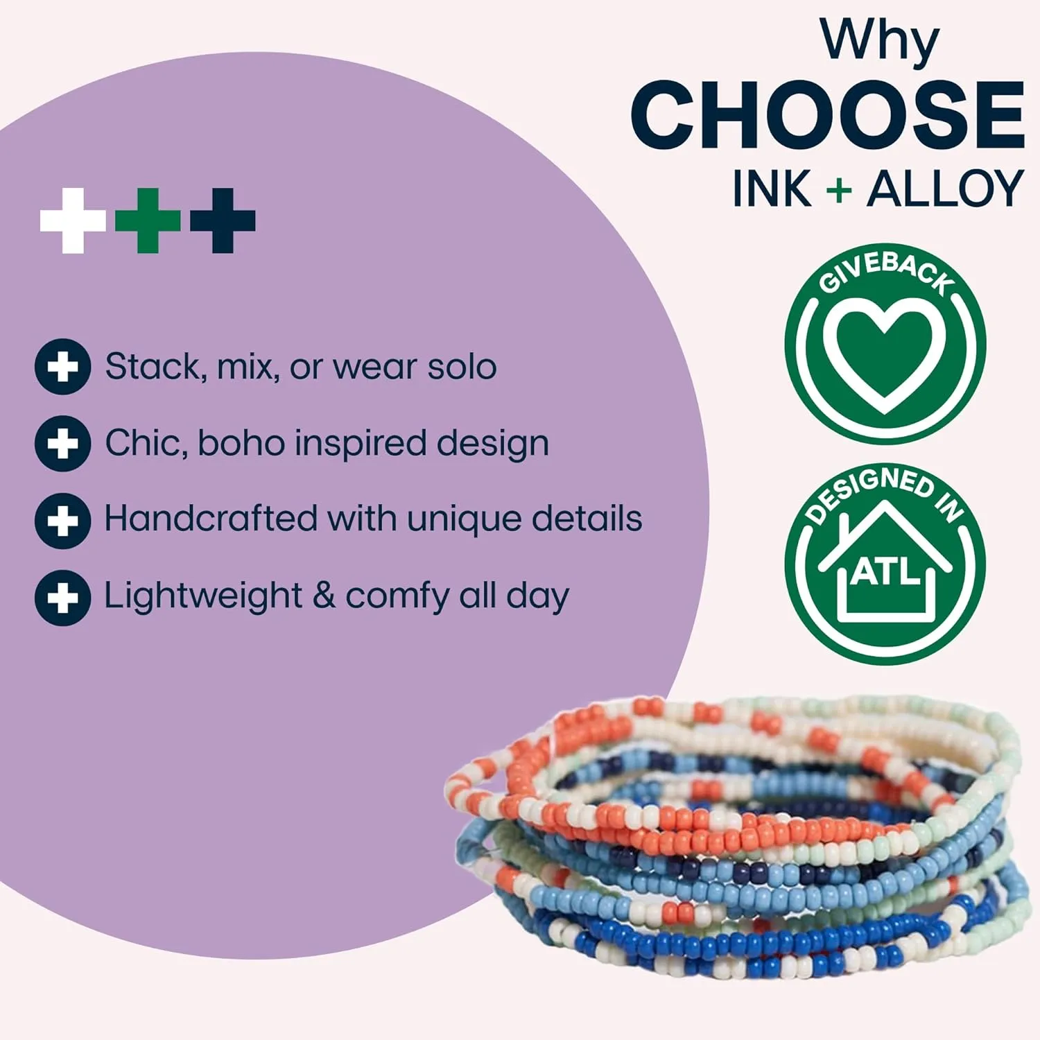 INK   ALLOY 10-Strand Stacking Beaded Bracelets for Women  Mixed Patterns Bracelet Stack - Adjustable Stretch Fit - Handmade Boho Bracelets for Women - Perfect for Any Occasion