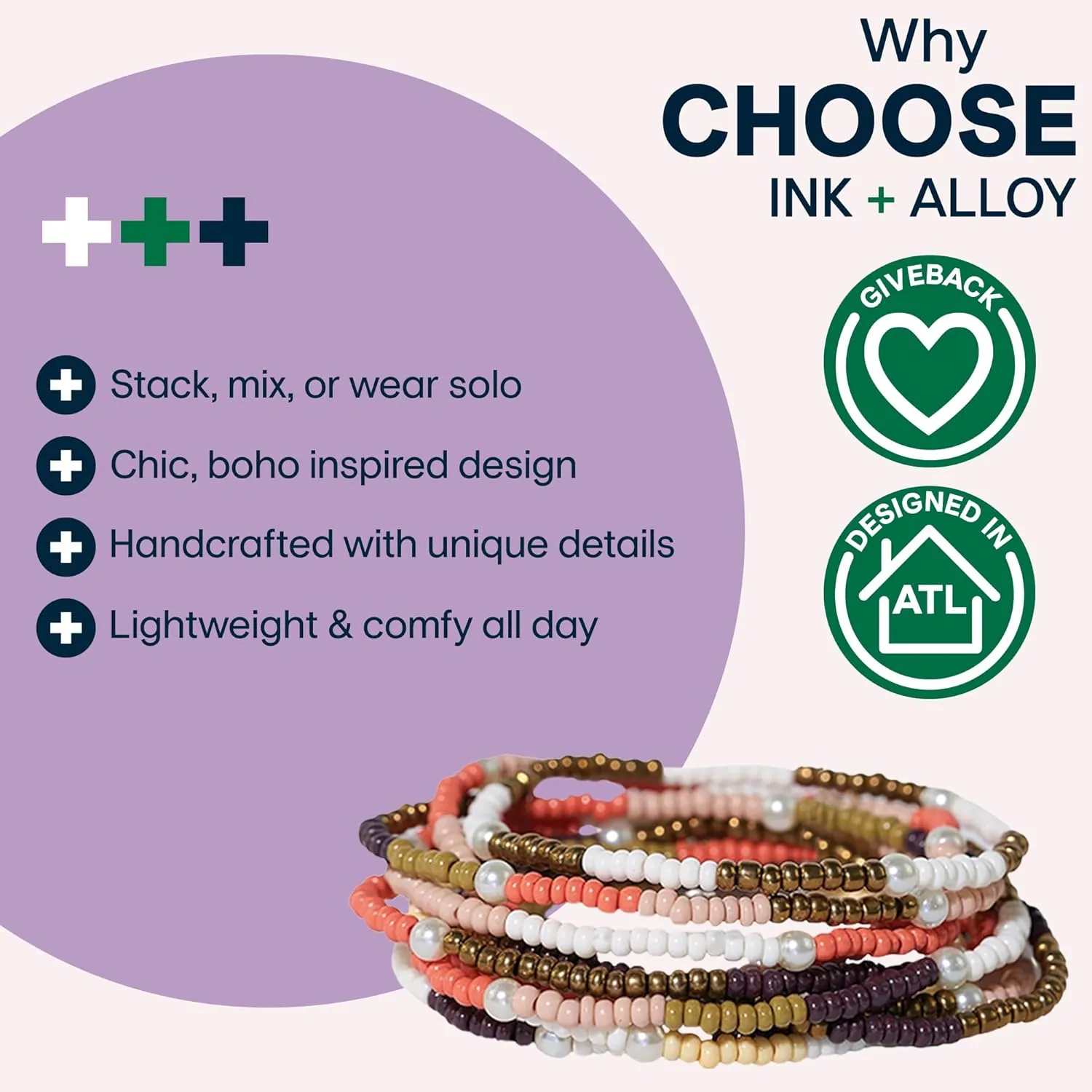 INK   ALLOY 10-Strand Stacking Beaded Bracelets for Women  Mixed Patterns Bracelet Stack - Adjustable Stretch Fit - Handmade Boho Bracelets for Women - Perfect for Any Occasion