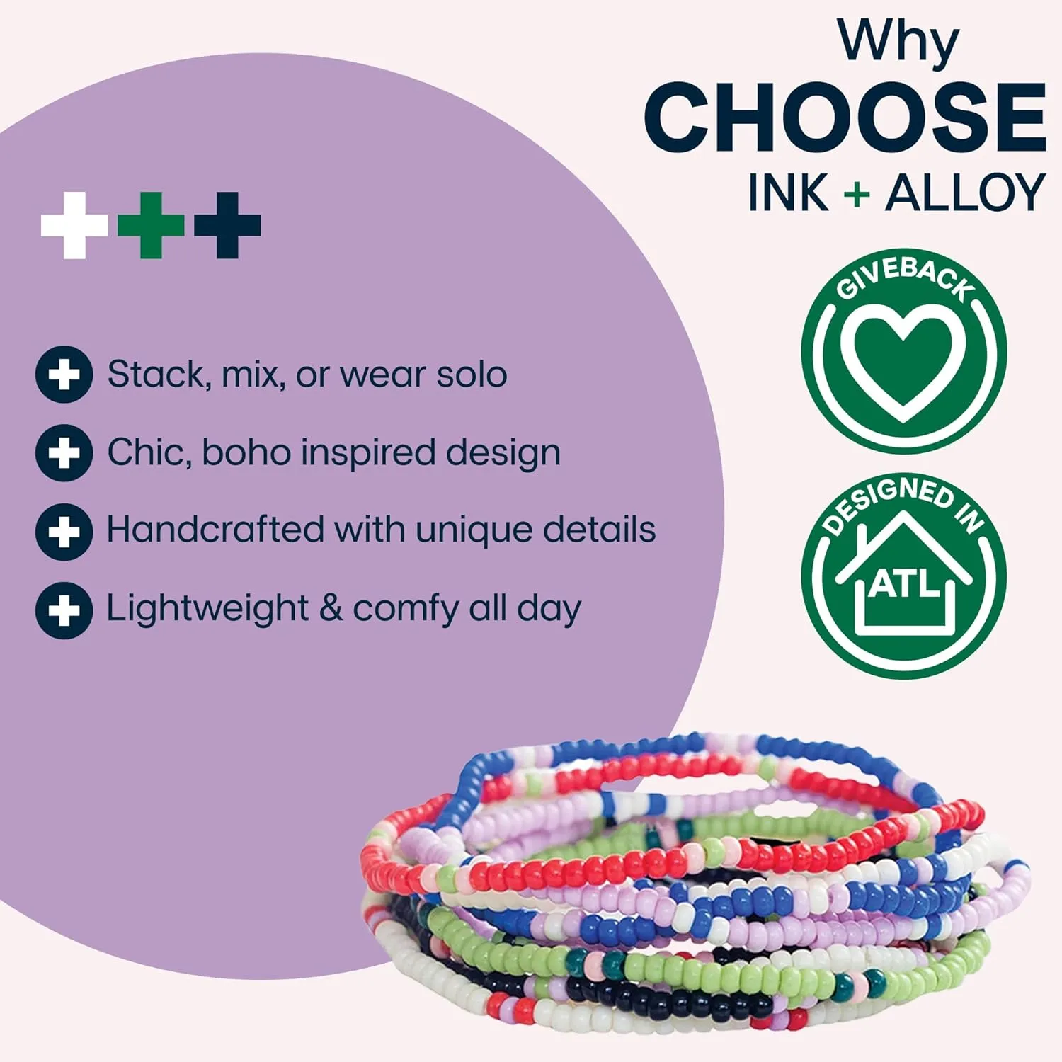 INK   ALLOY 10-Strand Stacking Beaded Bracelets for Women  Mixed Patterns Bracelet Stack - Adjustable Stretch Fit - Handmade Boho Bracelets for Women - Perfect for Any Occasion