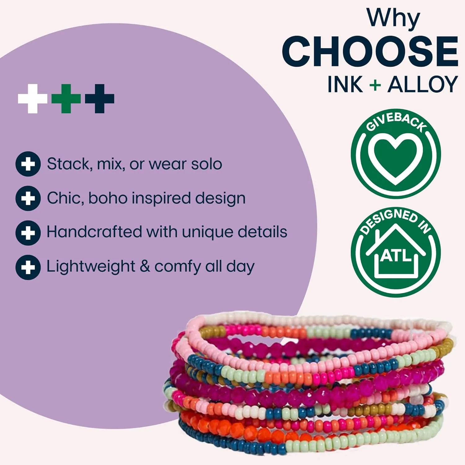 INK   ALLOY 10-Strand Stacking Beaded Bracelets for Women  Mixed Patterns Bracelet Stack - Adjustable Stretch Fit - Handmade Boho Bracelets for Women - Perfect for Any Occasion