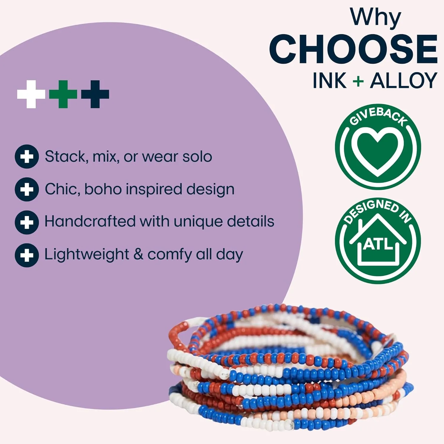 INK   ALLOY 10-Strand Stacking Beaded Bracelets for Women  Mixed Patterns Bracelet Stack - Adjustable Stretch Fit - Handmade Boho Bracelets for Women - Perfect for Any Occasion