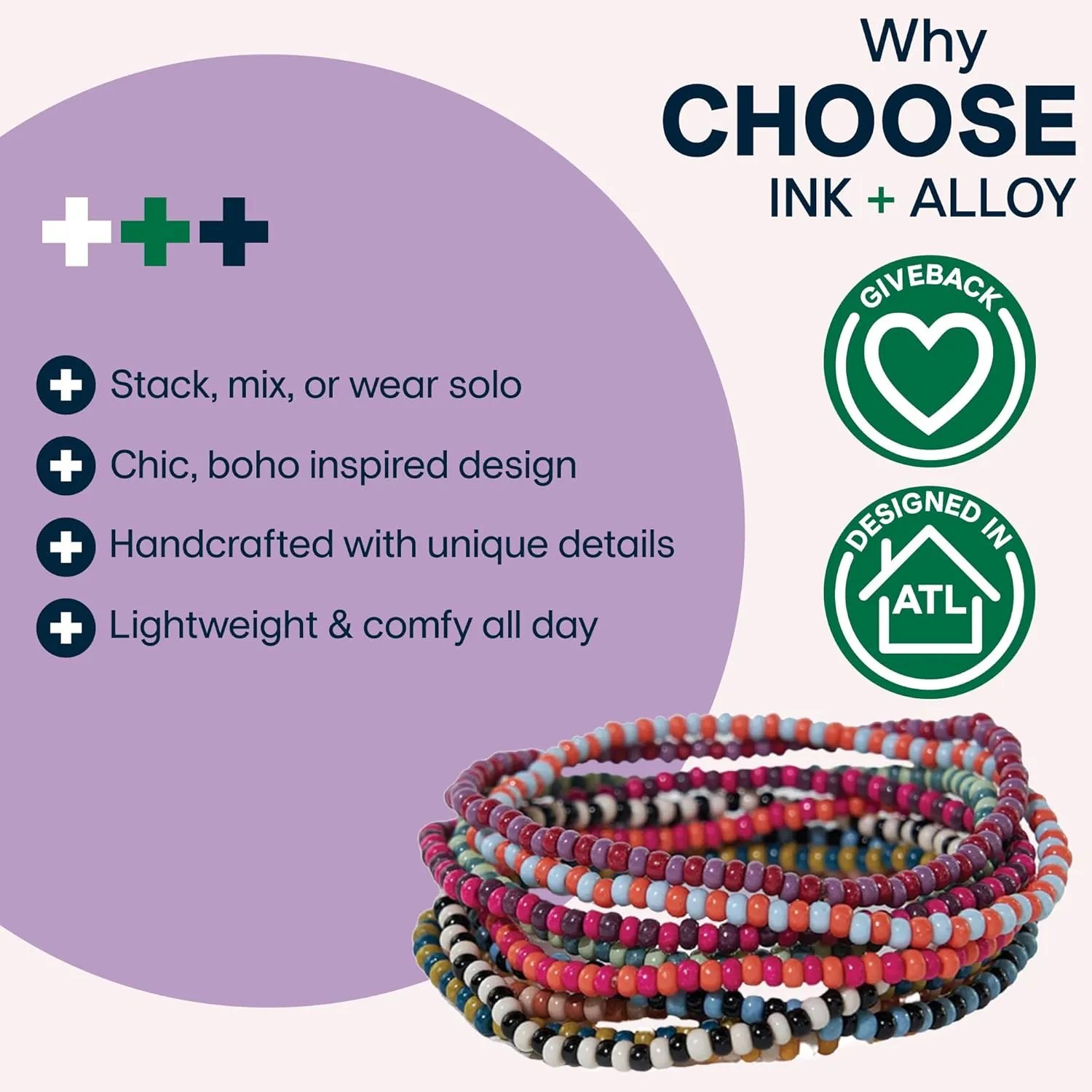 INK   ALLOY 10-Strand Stacking Beaded Bracelets for Women  Mixed Patterns Bracelet Stack - Adjustable Stretch Fit - Handmade Boho Bracelets for Women - Perfect for Any Occasion