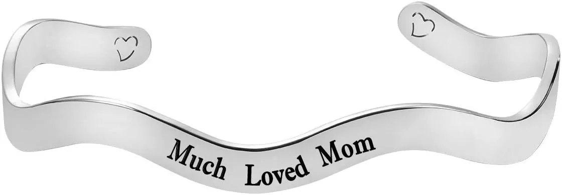 Inspirational Bracelets for Women Engraved Personalized Mantra Much Loved Mom Heart Wave Cuff Bangle (Steel color)