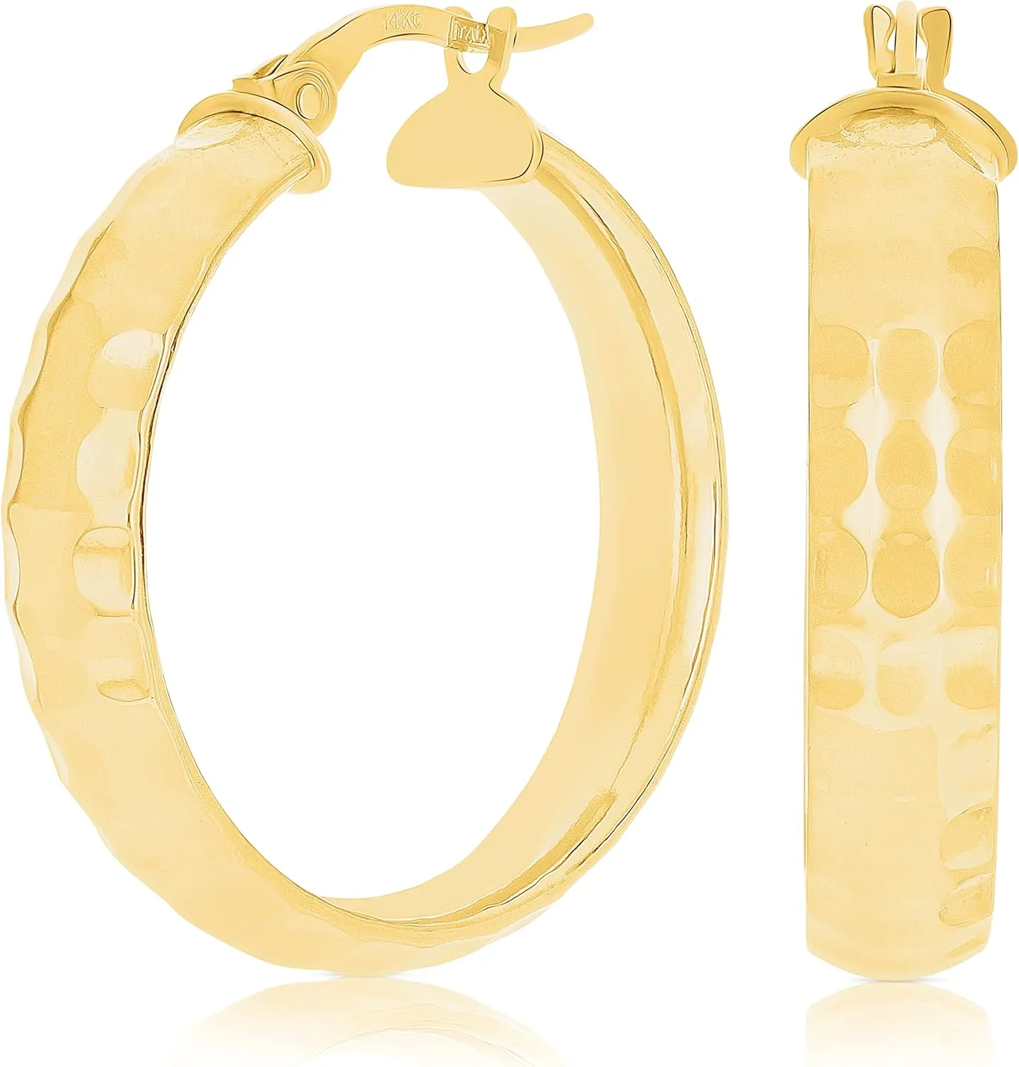 Italian 14k Yellow Gold Polished Hammered Flat Medium Hoop Earrings