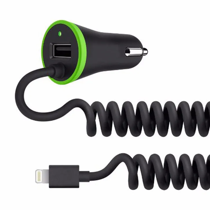iTD Gear 3.4A Fast Car Charger with Coiled 8 Pin Cable