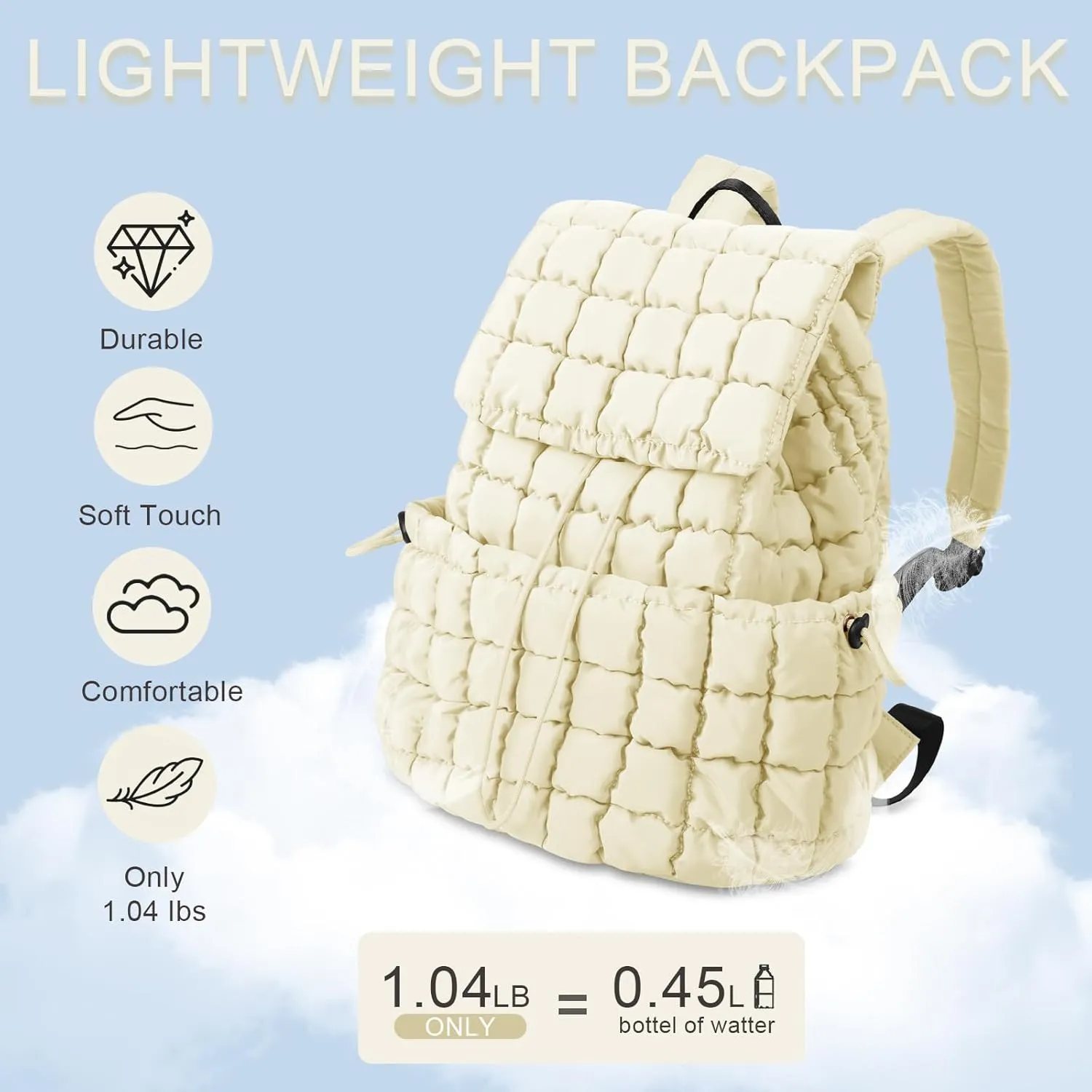 izuzta Quilted Puffer Backpack for Women, Lightweight Soft Nylon Quilted Hiker Pack Top Flap Drawstring Backpack, Trendy Puffy Padding Gym Backpack Travel Bag for Casual Daypack Hiking Sport(Beige)