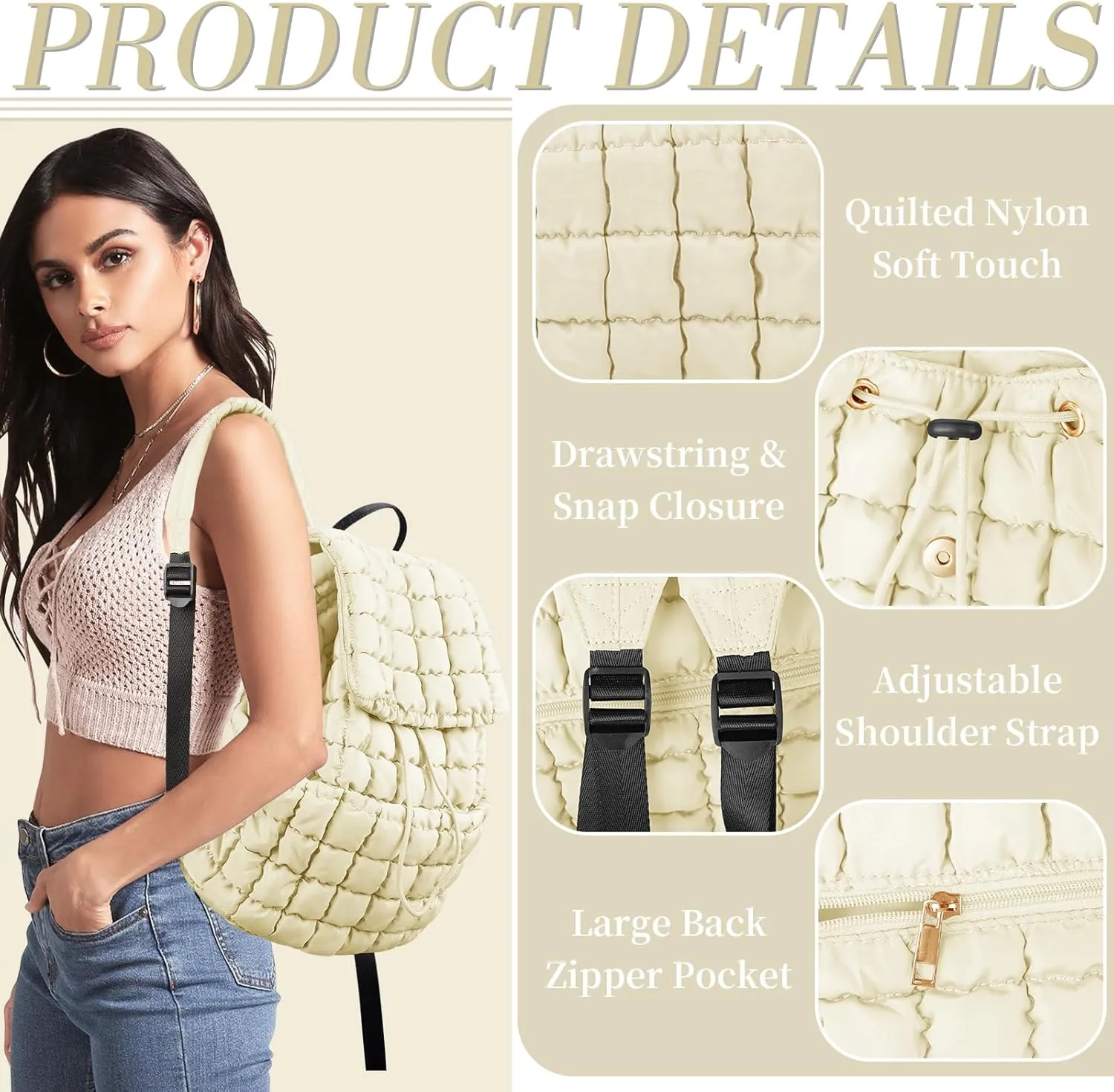 izuzta Quilted Puffer Backpack for Women, Lightweight Soft Nylon Quilted Hiker Pack Top Flap Drawstring Backpack, Trendy Puffy Padding Gym Backpack Travel Bag for Casual Daypack Hiking Sport(Beige)