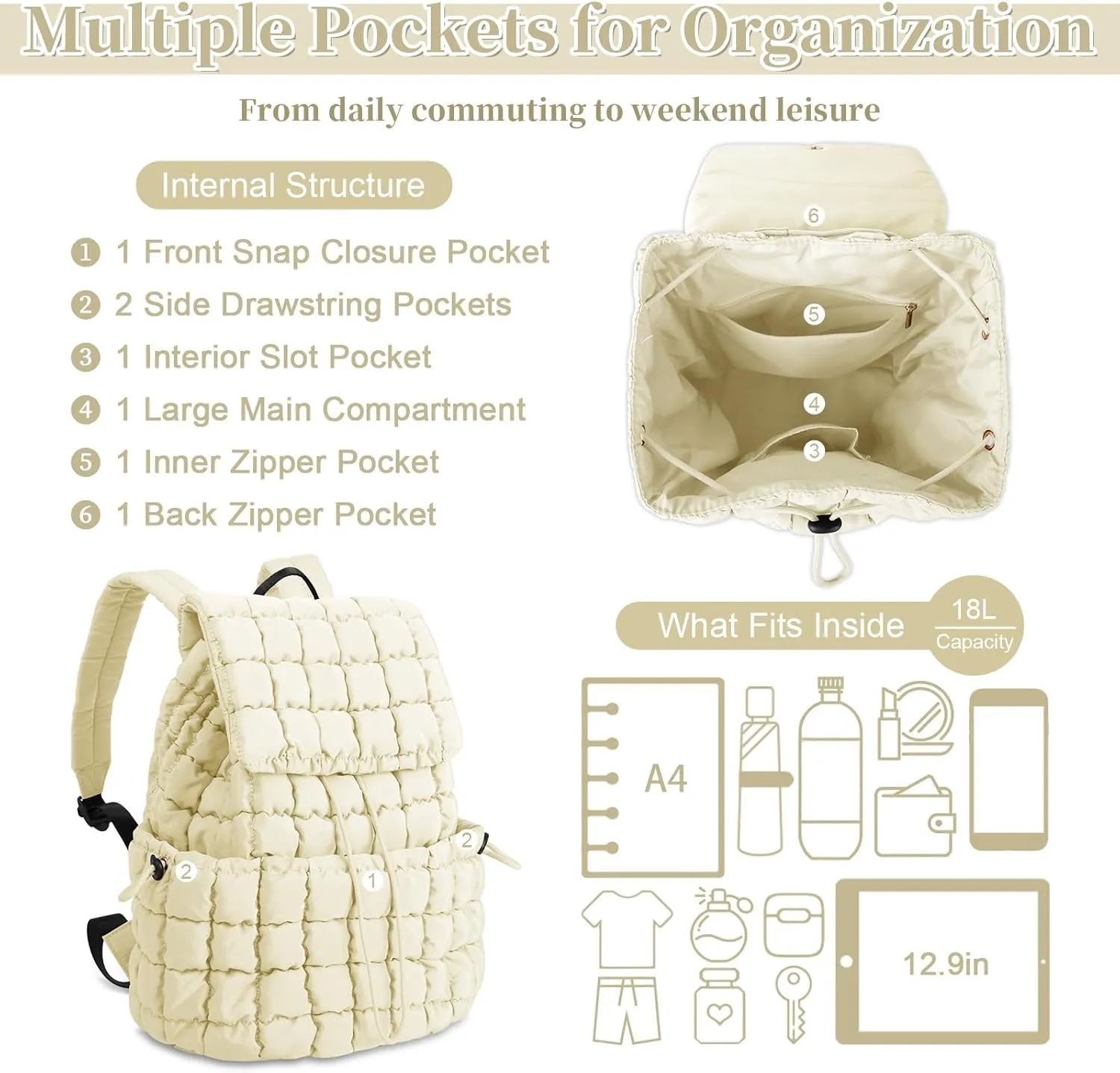 izuzta Quilted Puffer Backpack for Women, Lightweight Soft Nylon Quilted Hiker Pack Top Flap Drawstring Backpack, Trendy Puffy Padding Gym Backpack Travel Bag for Casual Daypack Hiking Sport(Beige)