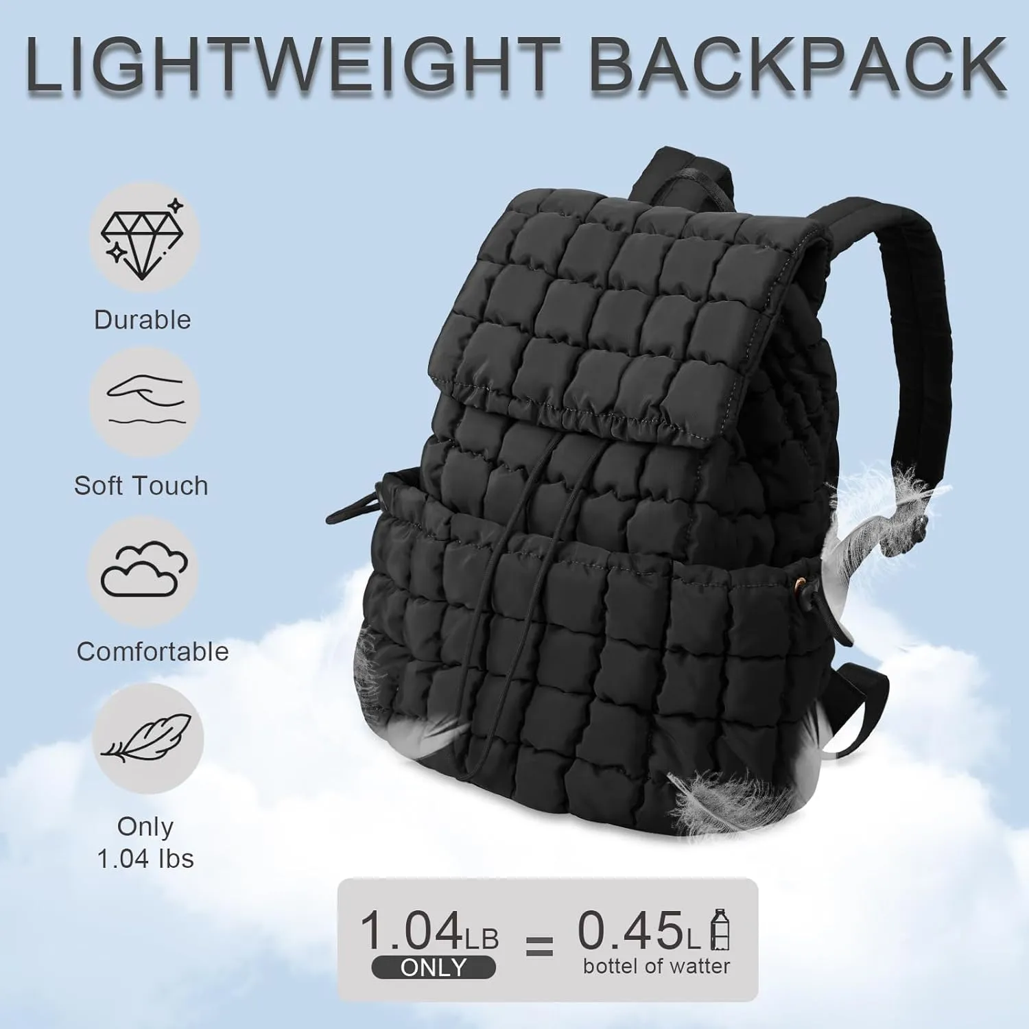 izuzta Quilted Puffer Backpack for Women, Lightweight Soft Nylon Quilted Hiker Pack Top Flap Drawstring Backpack, Trendy Puffy Padding Gym Backpack Travel Bag for Casual Daypack Hiking Sport(Black)