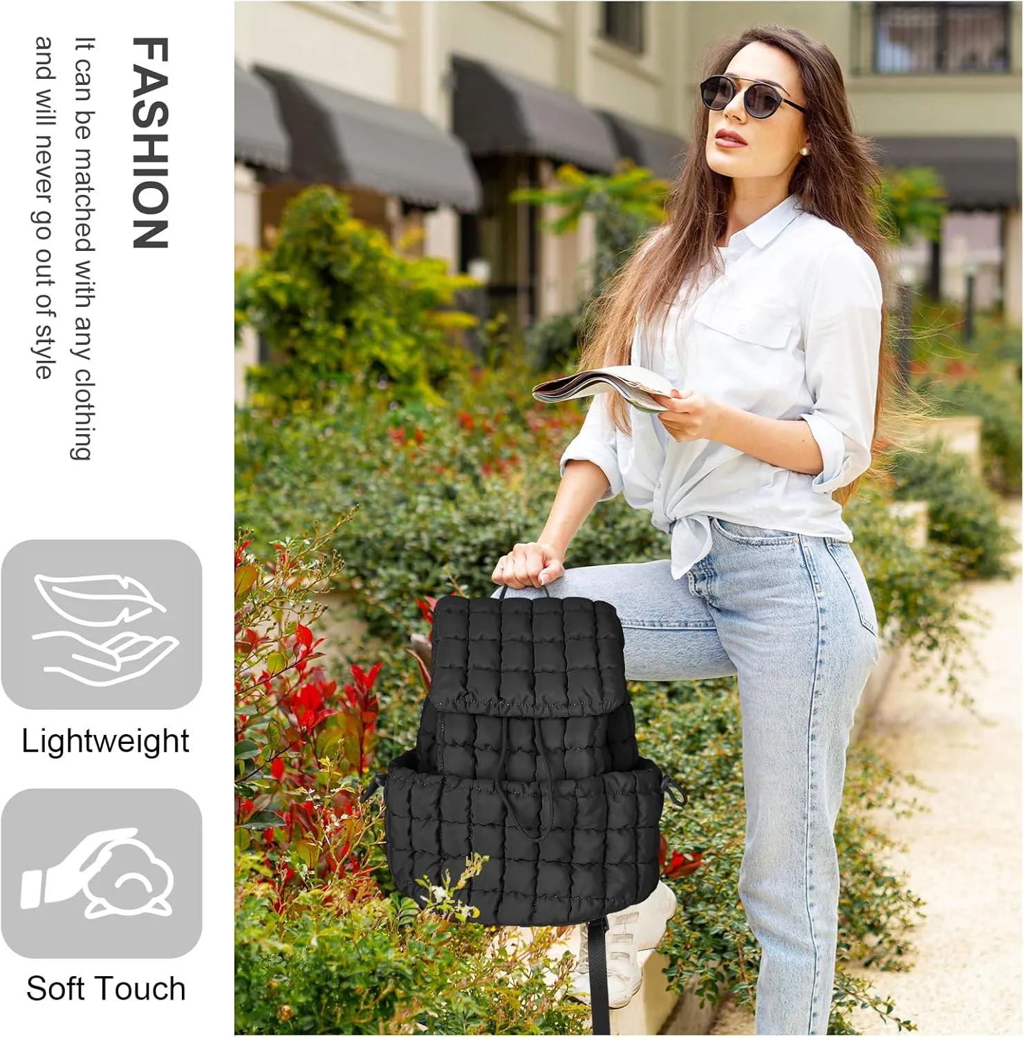 izuzta Quilted Puffer Backpack for Women, Lightweight Soft Nylon Quilted Hiker Pack Top Flap Drawstring Backpack, Trendy Puffy Padding Gym Backpack Travel Bag for Casual Daypack Hiking Sport(Black)