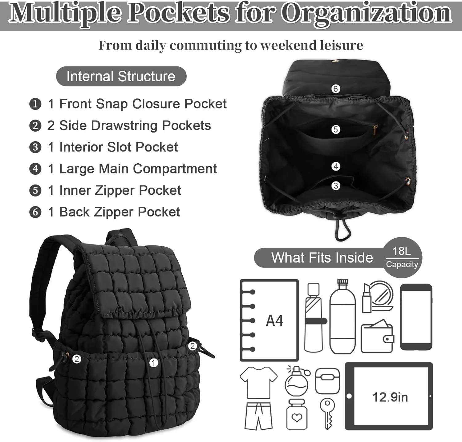 izuzta Quilted Puffer Backpack for Women, Lightweight Soft Nylon Quilted Hiker Pack Top Flap Drawstring Backpack, Trendy Puffy Padding Gym Backpack Travel Bag for Casual Daypack Hiking Sport(Black)
