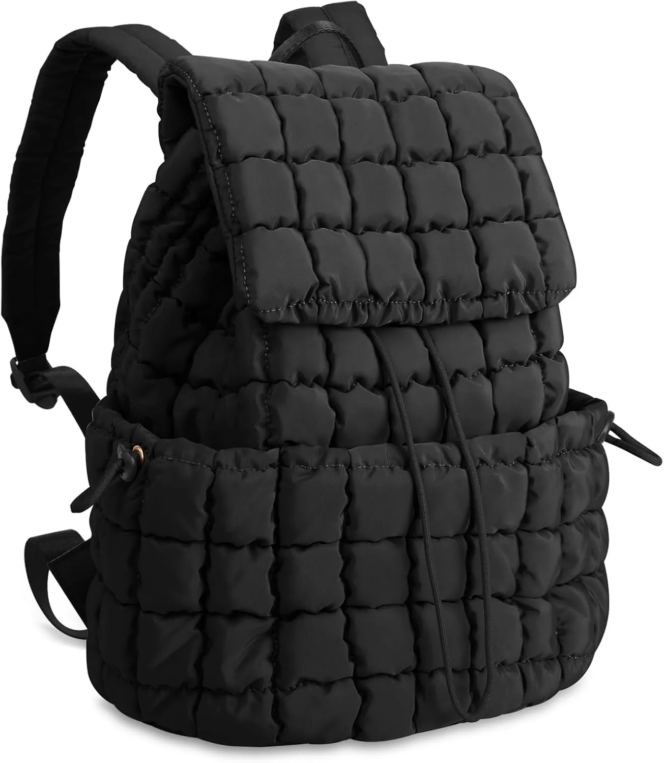 izuzta Quilted Puffer Backpack for Women, Lightweight Soft Nylon Quilted Hiker Pack Top Flap Drawstring Backpack, Trendy Puffy Padding Gym Backpack Travel Bag for Casual Daypack Hiking Sport(Black)