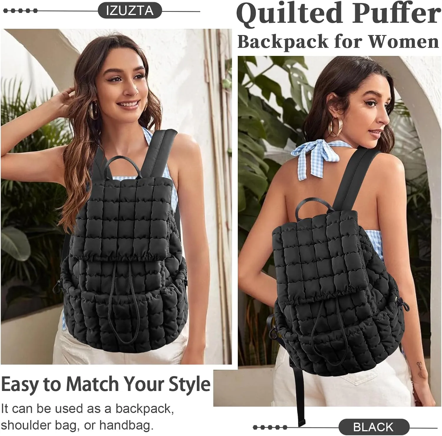 izuzta Quilted Puffer Backpack for Women, Lightweight Soft Nylon Quilted Hiker Pack Top Flap Drawstring Backpack, Trendy Puffy Padding Gym Backpack Travel Bag for Casual Daypack Hiking Sport(Black)