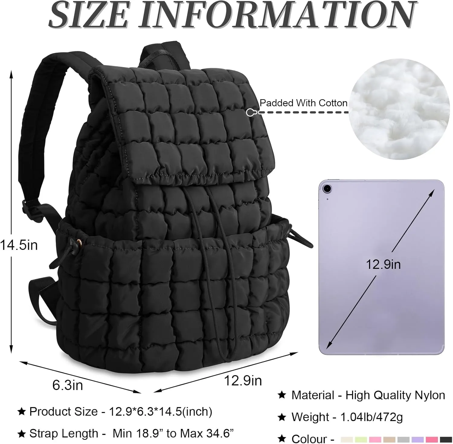 izuzta Quilted Puffer Backpack for Women, Lightweight Soft Nylon Quilted Hiker Pack Top Flap Drawstring Backpack, Trendy Puffy Padding Gym Backpack Travel Bag for Casual Daypack Hiking Sport(Black)