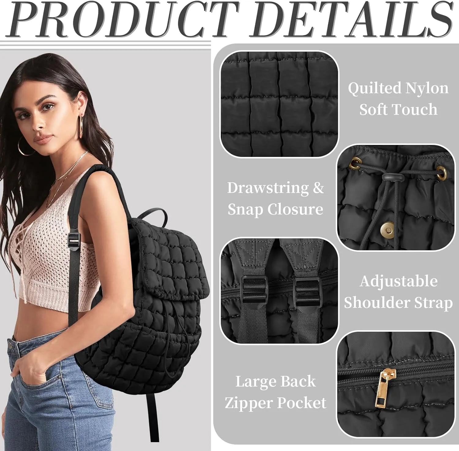 izuzta Quilted Puffer Backpack for Women, Lightweight Soft Nylon Quilted Hiker Pack Top Flap Drawstring Backpack, Trendy Puffy Padding Gym Backpack Travel Bag for Casual Daypack Hiking Sport(Black)