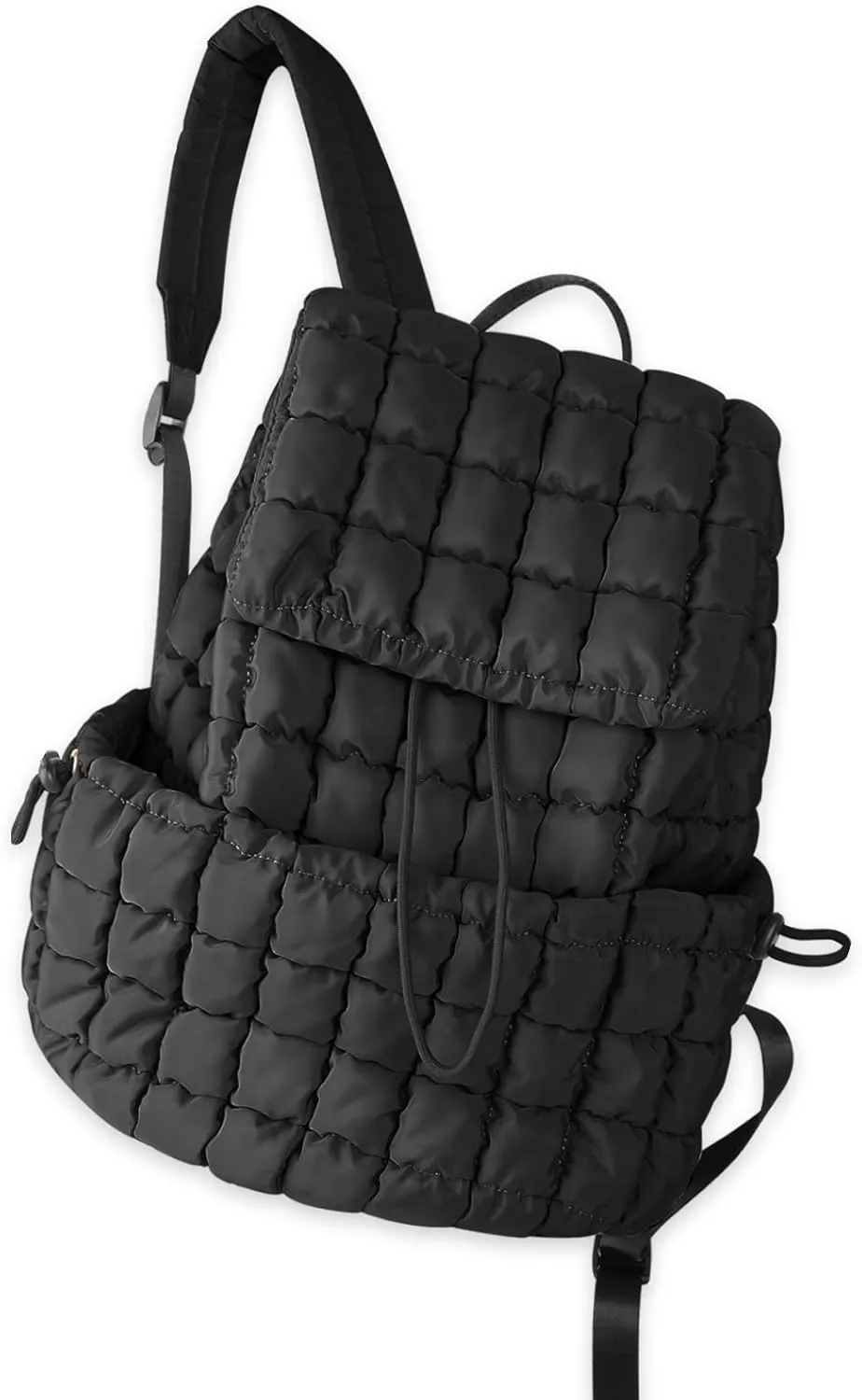 izuzta Quilted Puffer Backpack for Women, Lightweight Soft Nylon Quilted Hiker Pack Top Flap Drawstring Backpack, Trendy Puffy Padding Gym Backpack Travel Bag for Casual Daypack Hiking Sport(Black)