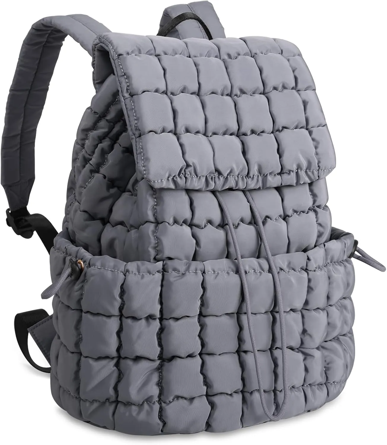 IzuztA Quilted Puffer Backpack for Women, Lightweight Soft Nylon Quilted Hiker Pack Top Flap Drawstring Backpack, Trendy Puffy Padding Gym Travel Bag for Casual Daypack Hiking Sport (Grey)