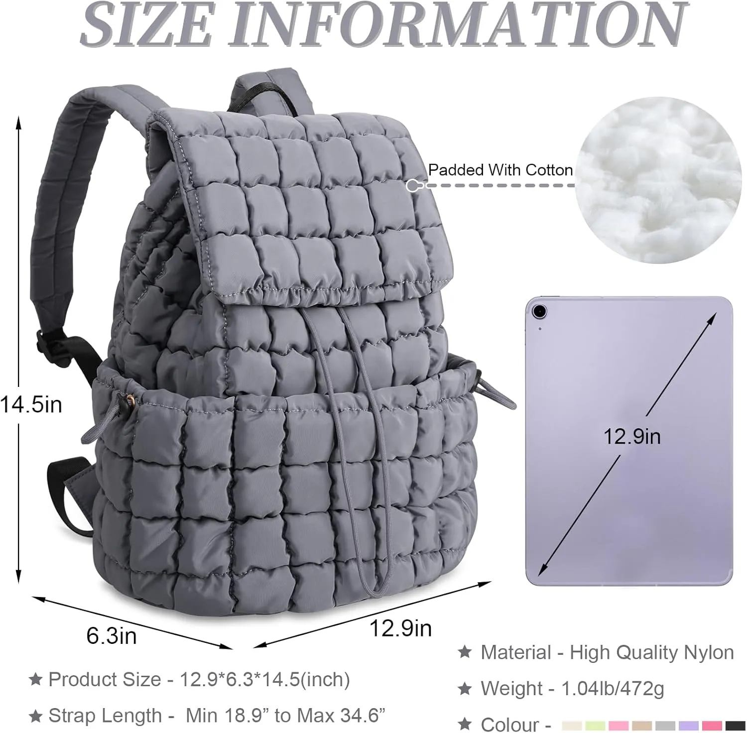IzuztA Quilted Puffer Backpack for Women, Lightweight Soft Nylon Quilted Hiker Pack Top Flap Drawstring Backpack, Trendy Puffy Padding Gym Travel Bag for Casual Daypack Hiking Sport (Grey)