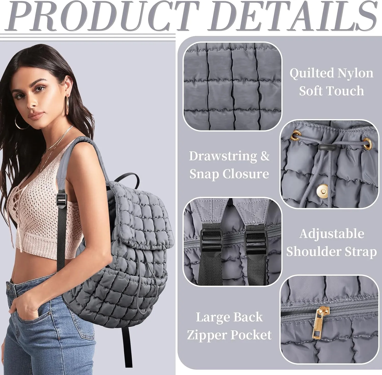 IzuztA Quilted Puffer Backpack for Women, Lightweight Soft Nylon Quilted Hiker Pack Top Flap Drawstring Backpack, Trendy Puffy Padding Gym Travel Bag for Casual Daypack Hiking Sport (Grey)