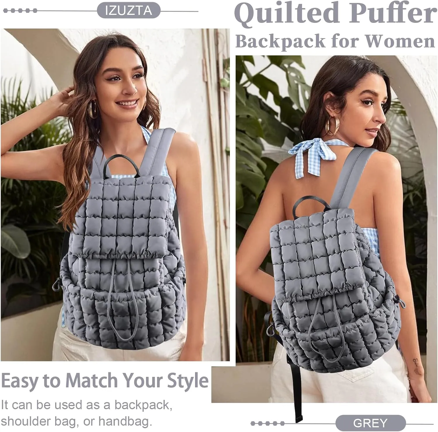 IzuztA Quilted Puffer Backpack for Women, Lightweight Soft Nylon Quilted Hiker Pack Top Flap Drawstring Backpack, Trendy Puffy Padding Gym Travel Bag for Casual Daypack Hiking Sport (Grey)