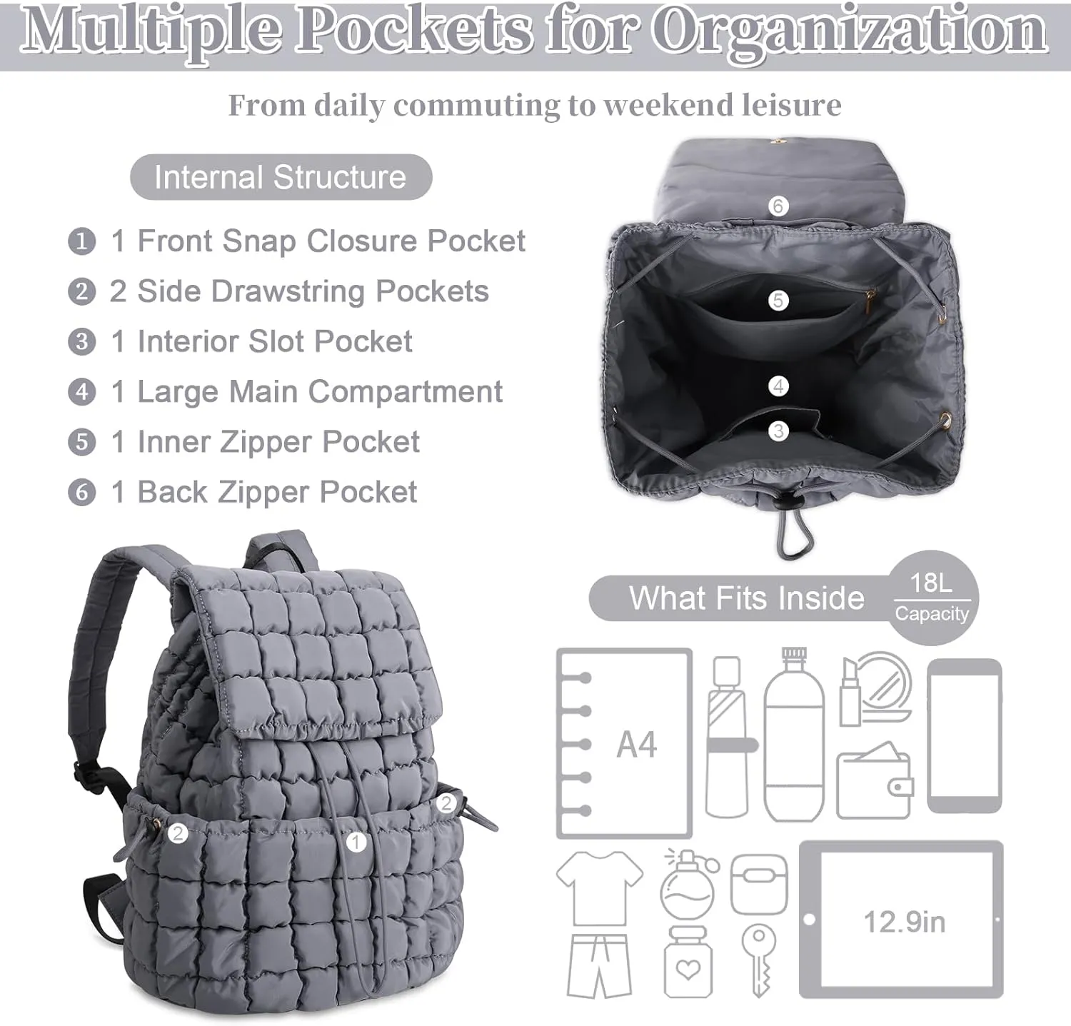 IzuztA Quilted Puffer Backpack for Women, Lightweight Soft Nylon Quilted Hiker Pack Top Flap Drawstring Backpack, Trendy Puffy Padding Gym Travel Bag for Casual Daypack Hiking Sport (Grey)